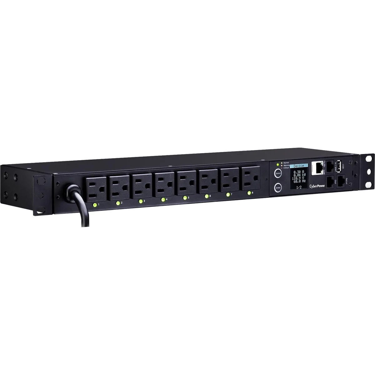 CyberPower CyberPower PDU41001 1U Horizontal Switched PDU 8×NEMA 5-15R 12 ft NEMA 5-15P 100-120 V 15A — product photo