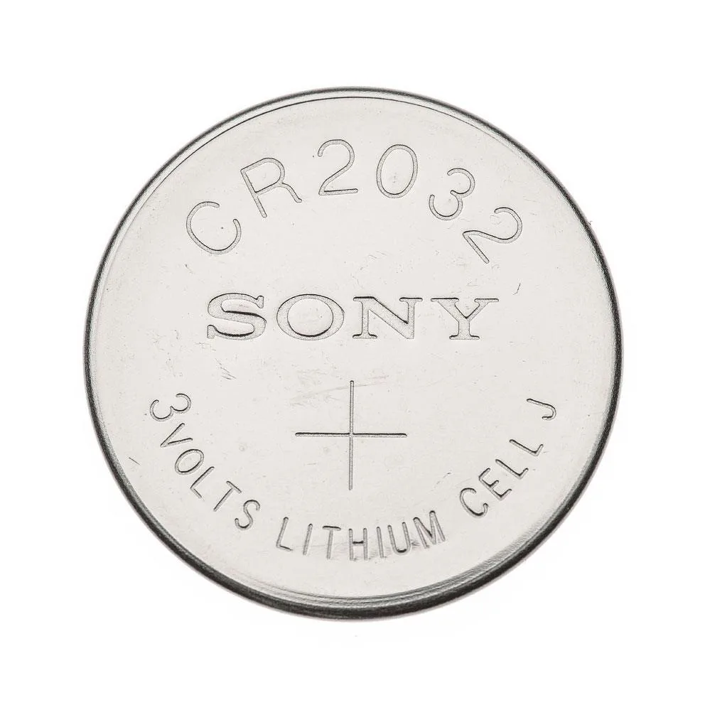 A silver coin-cell battery, 20mm wide and 3.2mm thick, Sony CR2032 3V lithium 220mAh