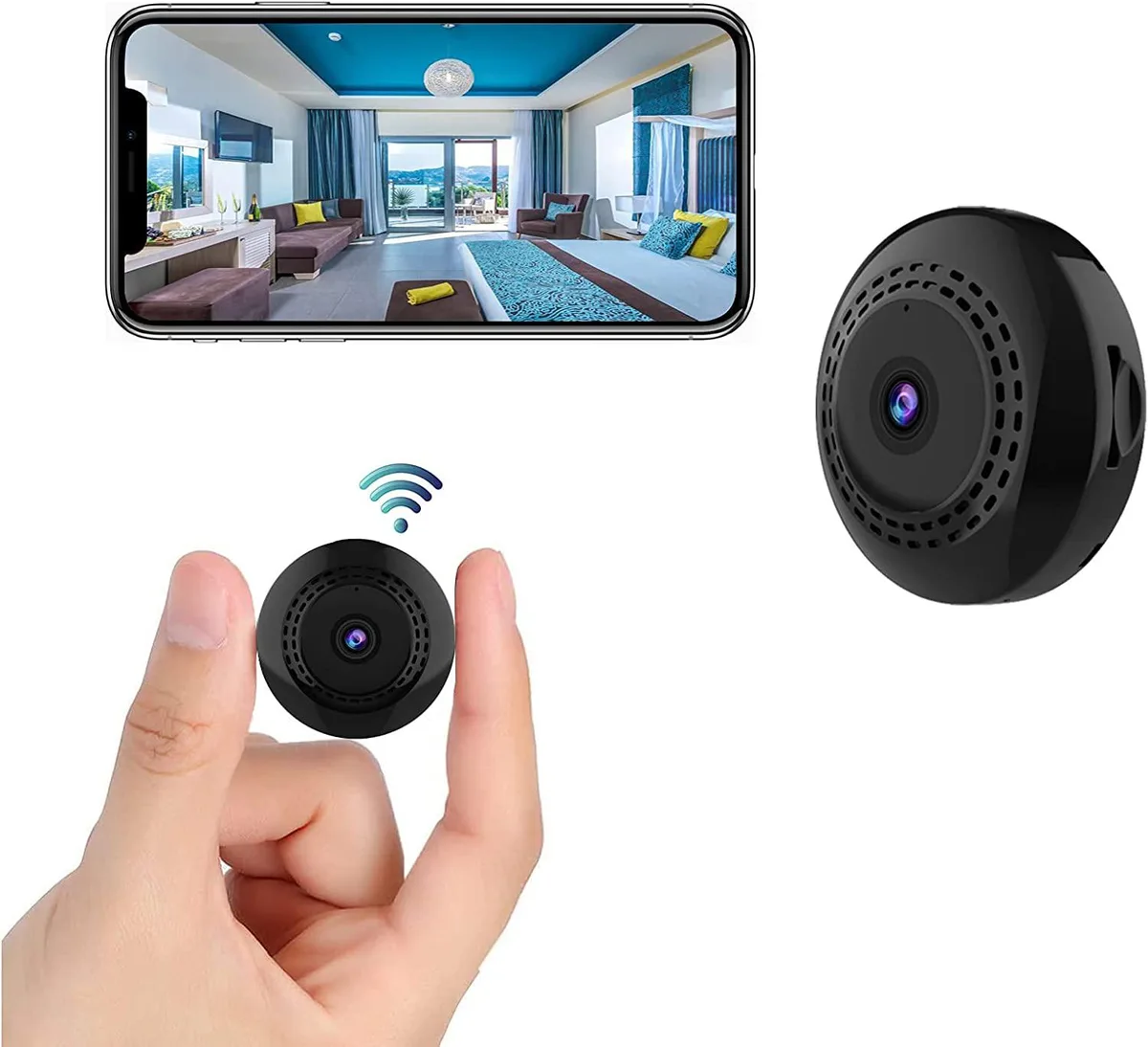 Tiny black cylindrical camera 1.5 inch diameter .65 inch high .7 ounces