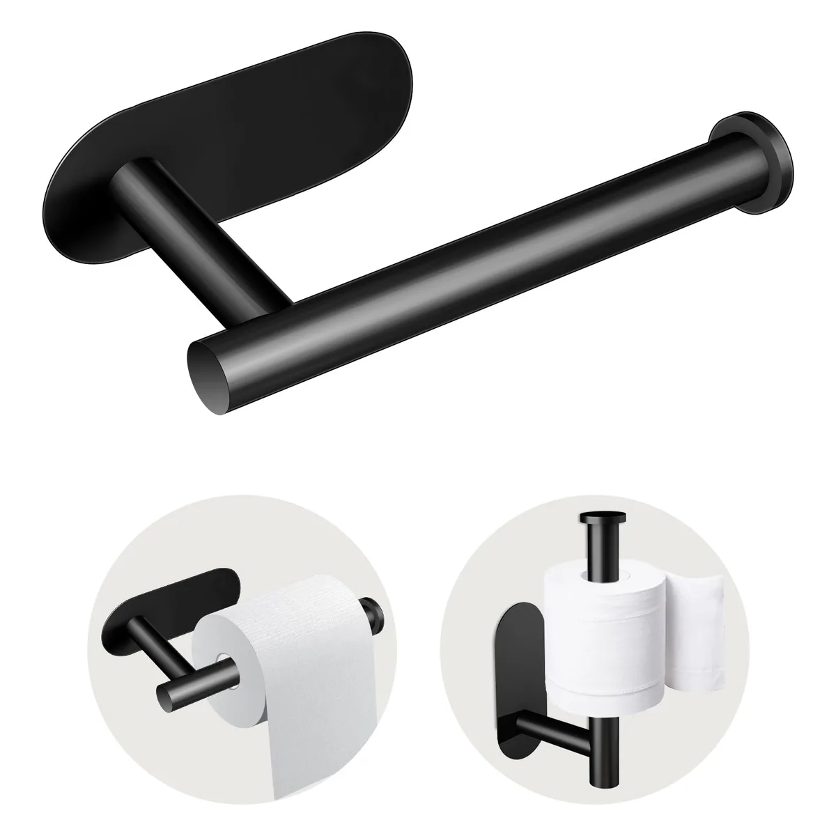 Black cylindrical stainless steel toilet paper holder, 6.3 in rod, adhesive wall mount