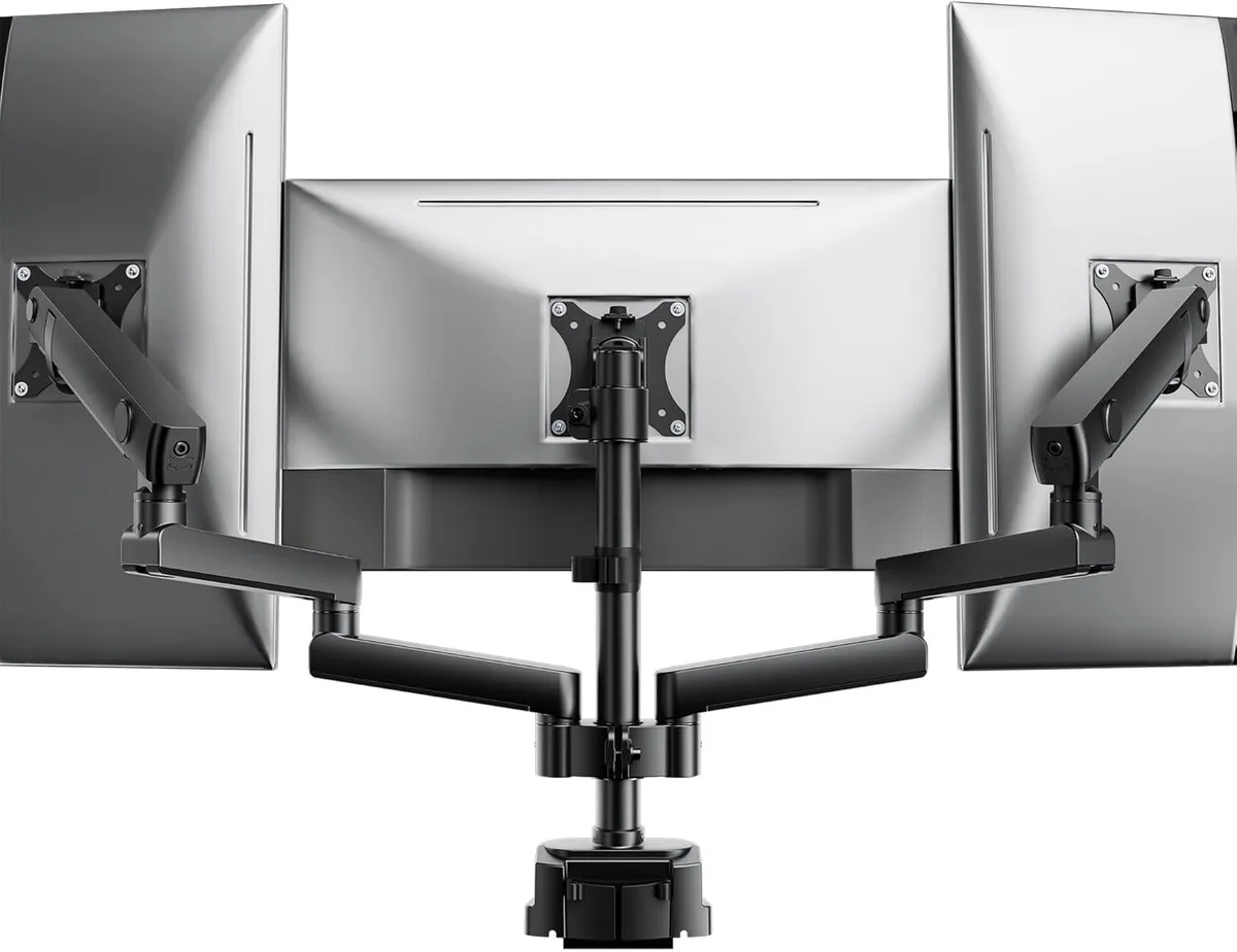 BFKK BFKK Triple Monitor Mount 17-27in 19.8lb Arm Spring 18.1in VESA 75/100 Clamp Grommet — product photo