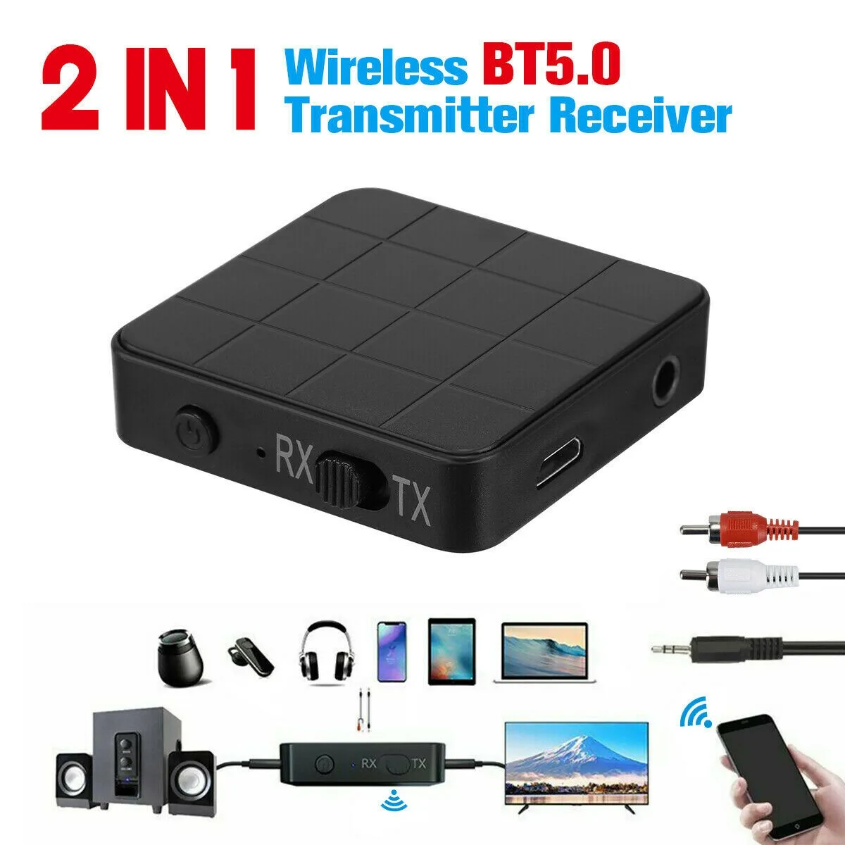 Compact black Bluetooth 5.0 audio adapter with USB 2.0 and 3.5mm ports