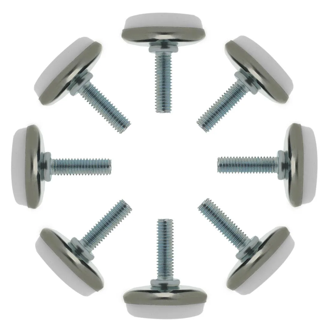Eight silver threaded studs with black round plastic bases, M6 x 20 x 30