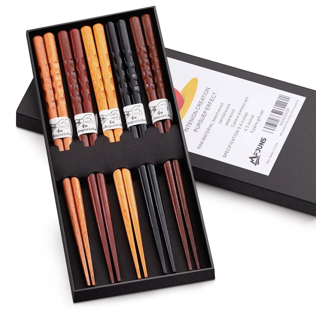Five pairs of natural wood chopsticks with carved grip pattern in a rectangular box