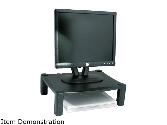 Black plastic monitor stand with wide platform and cable management slots, height adjustable from 3 to 6 1/2 inches