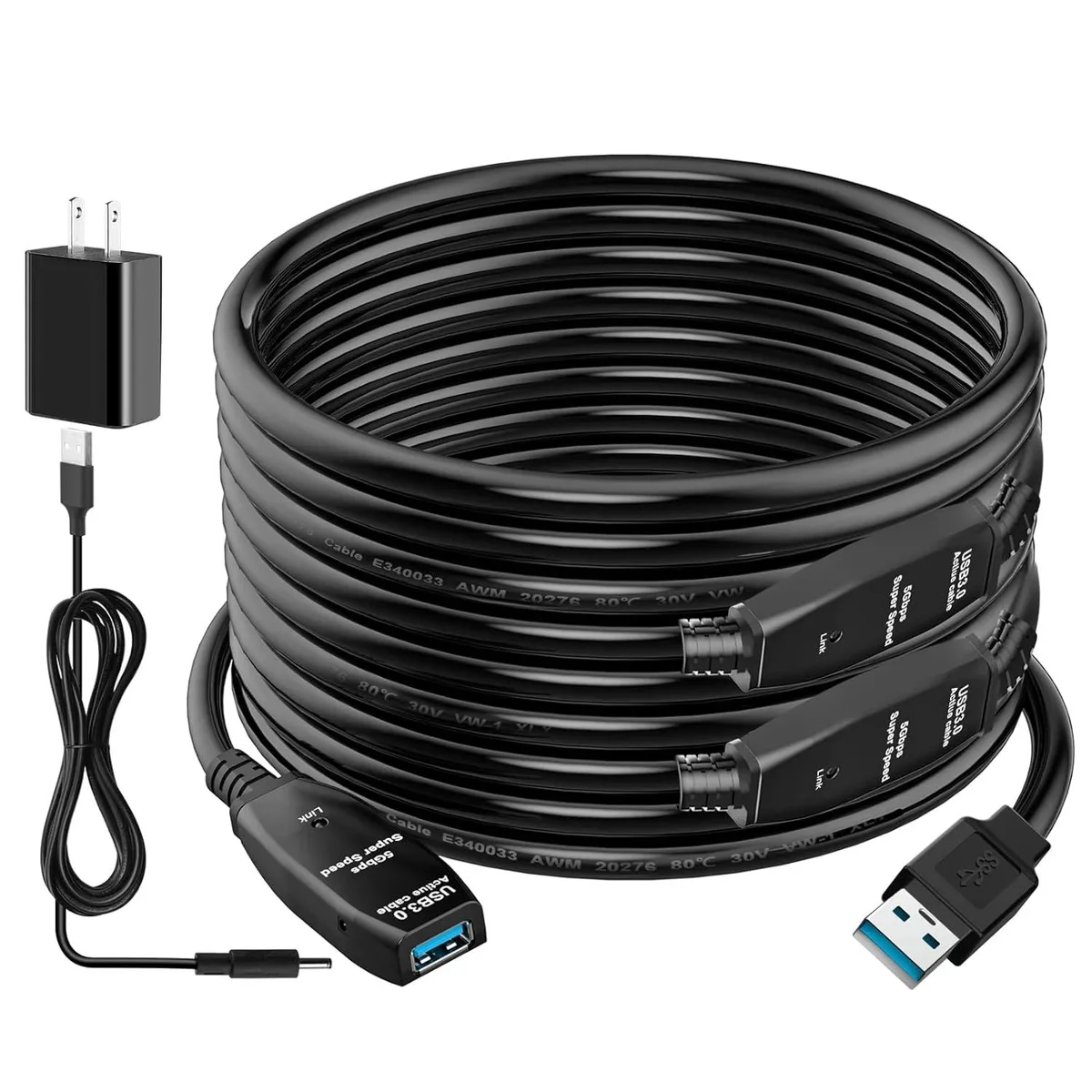 Black 50 ft USB 3.0 active extension cable with male to female connectors and separate power lead