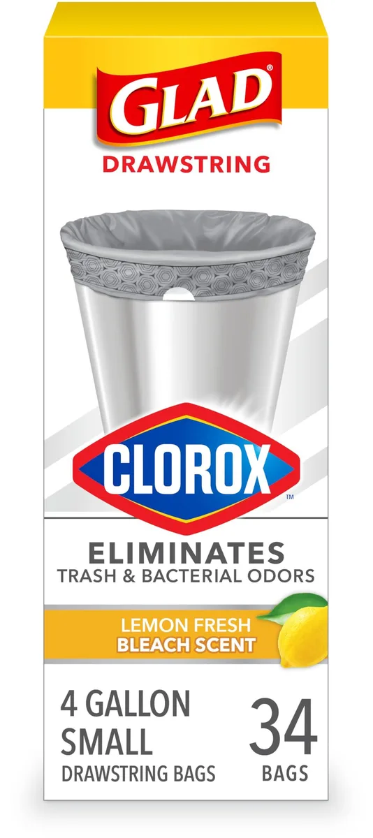 Glad Small Drawstring Trash Bags with Clorox 4 Gal 34 Ct Lemon Fresh Bleach — product photo