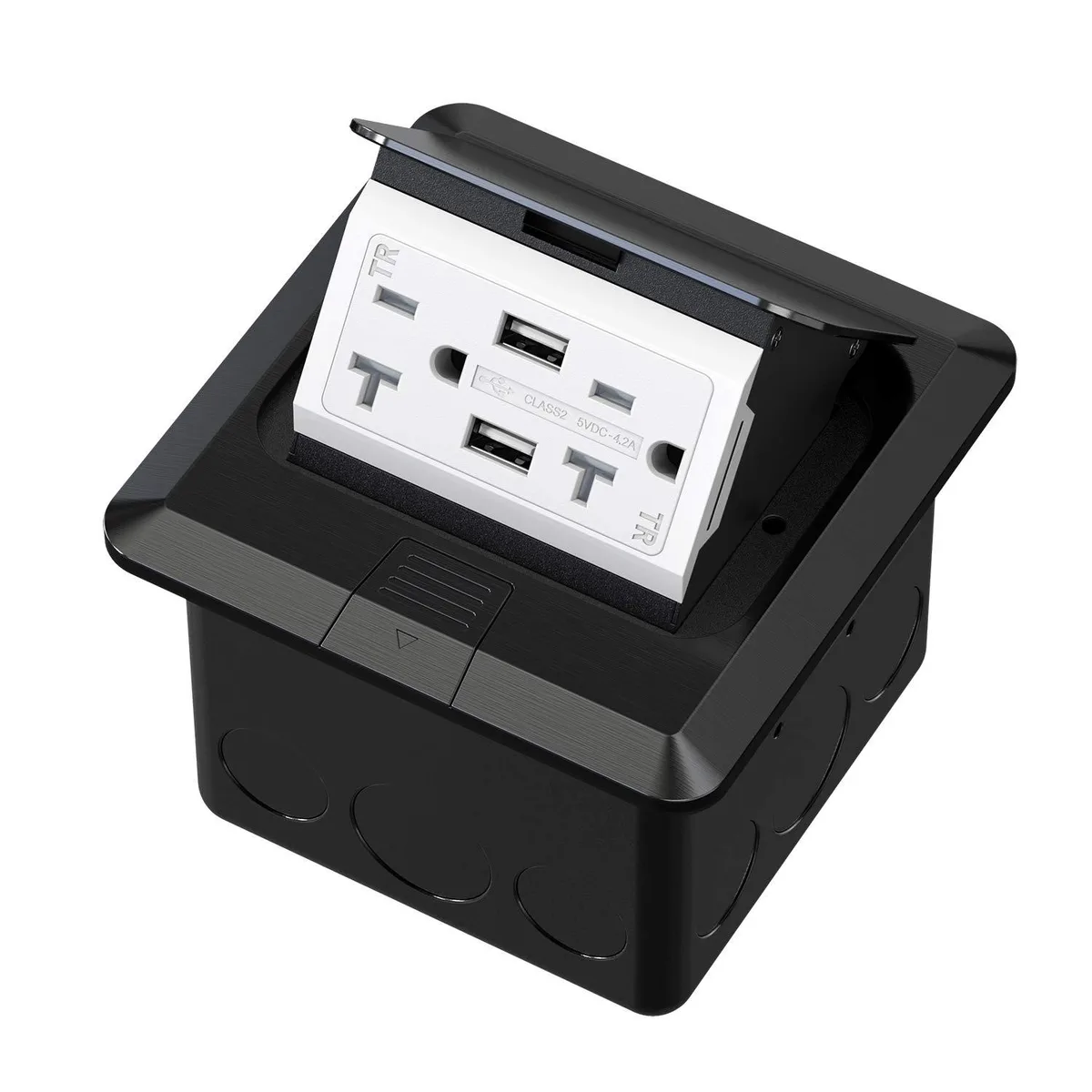 Square black pop-up outlet box with stainless steel sides, closed flush to surface