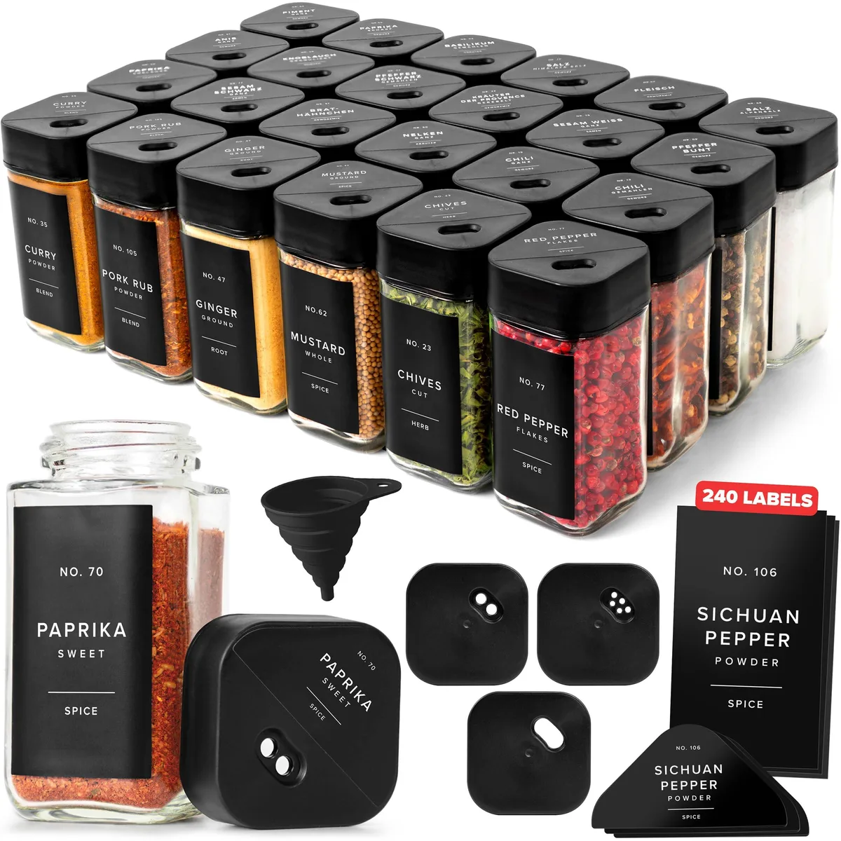 Twenty-four square glass jars with black rotating lids, red labels, funnel and brush