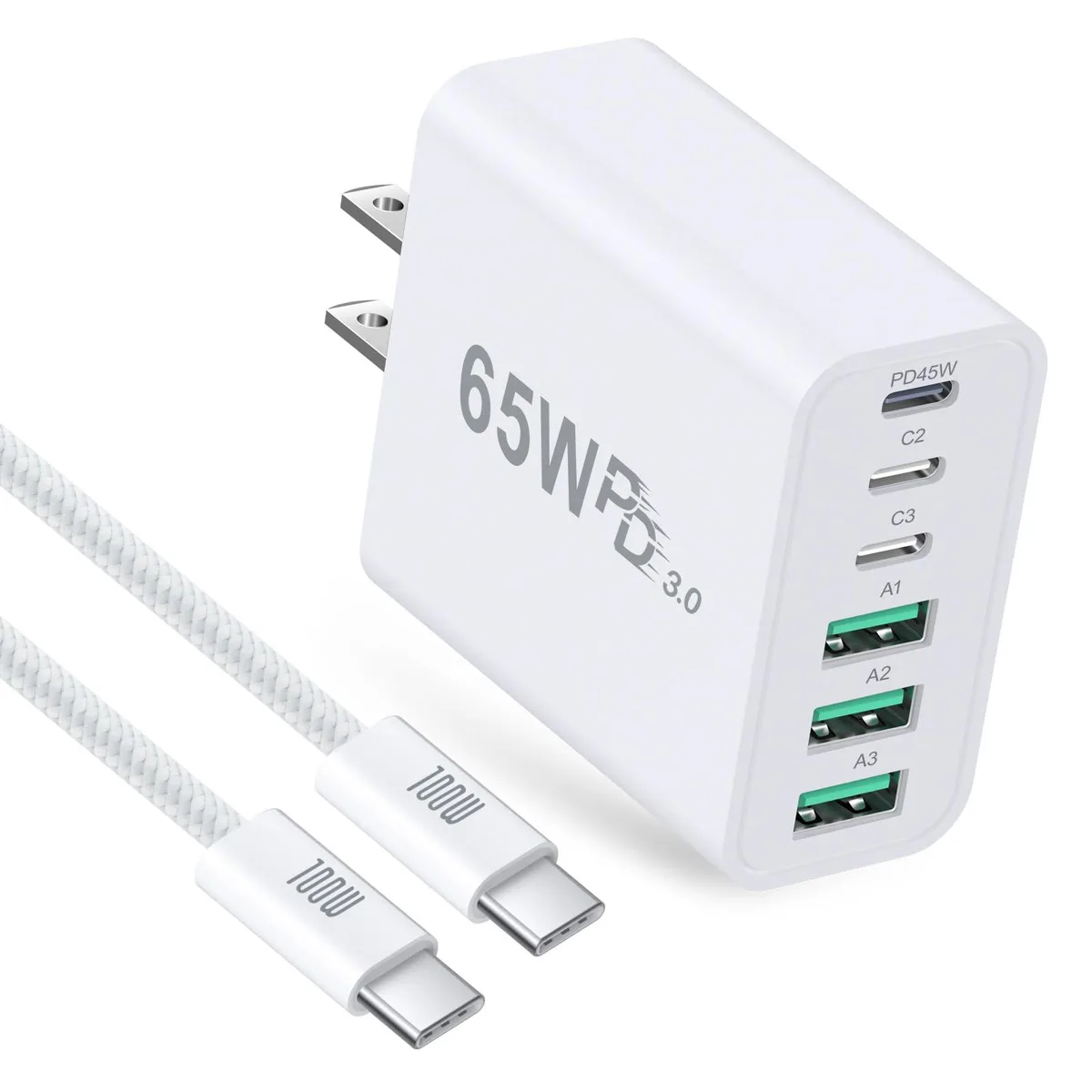 A compact white GaN charger block with three USB-C and three USB-A ports, plus a six-foot braided USB-C to USB-C cable