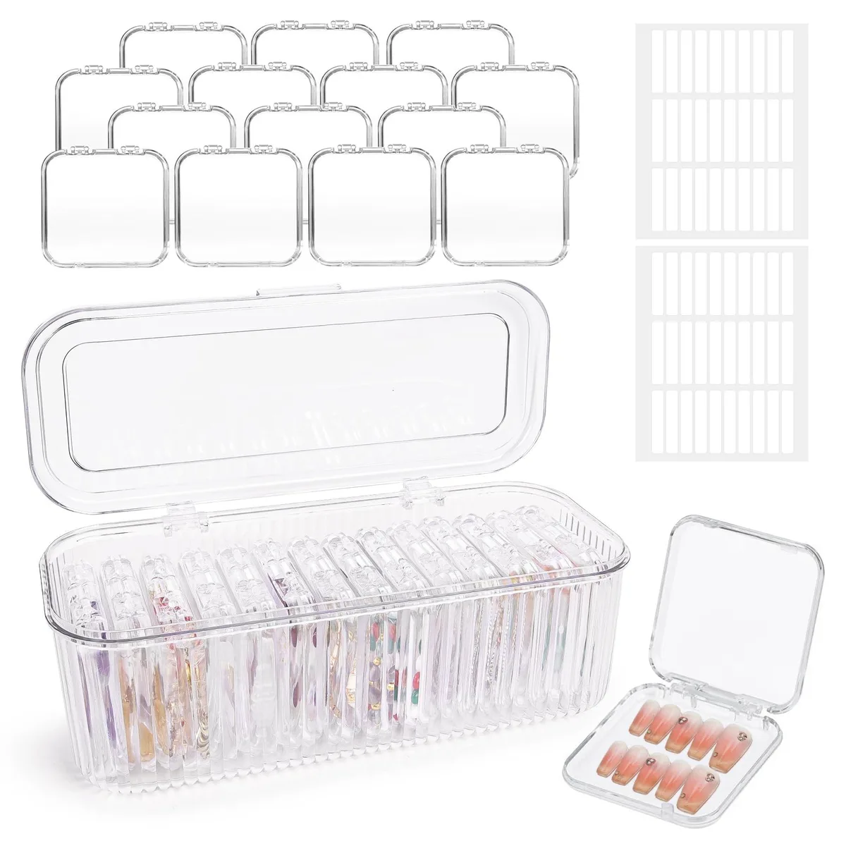 Press On Nail Organizer 14 PCS Clear Storage Boxes with 60 Tape Strips — product photo