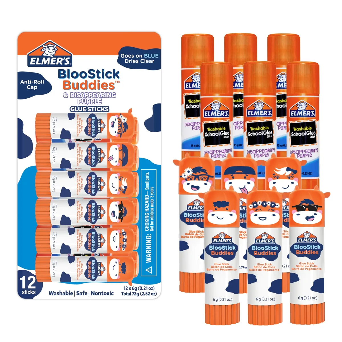 Cardboard box holding twelve small purple glue sticks with character caps