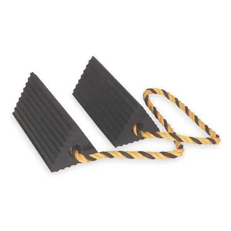 Black rubber double-grooved wheel chock with rope, 10 in wide