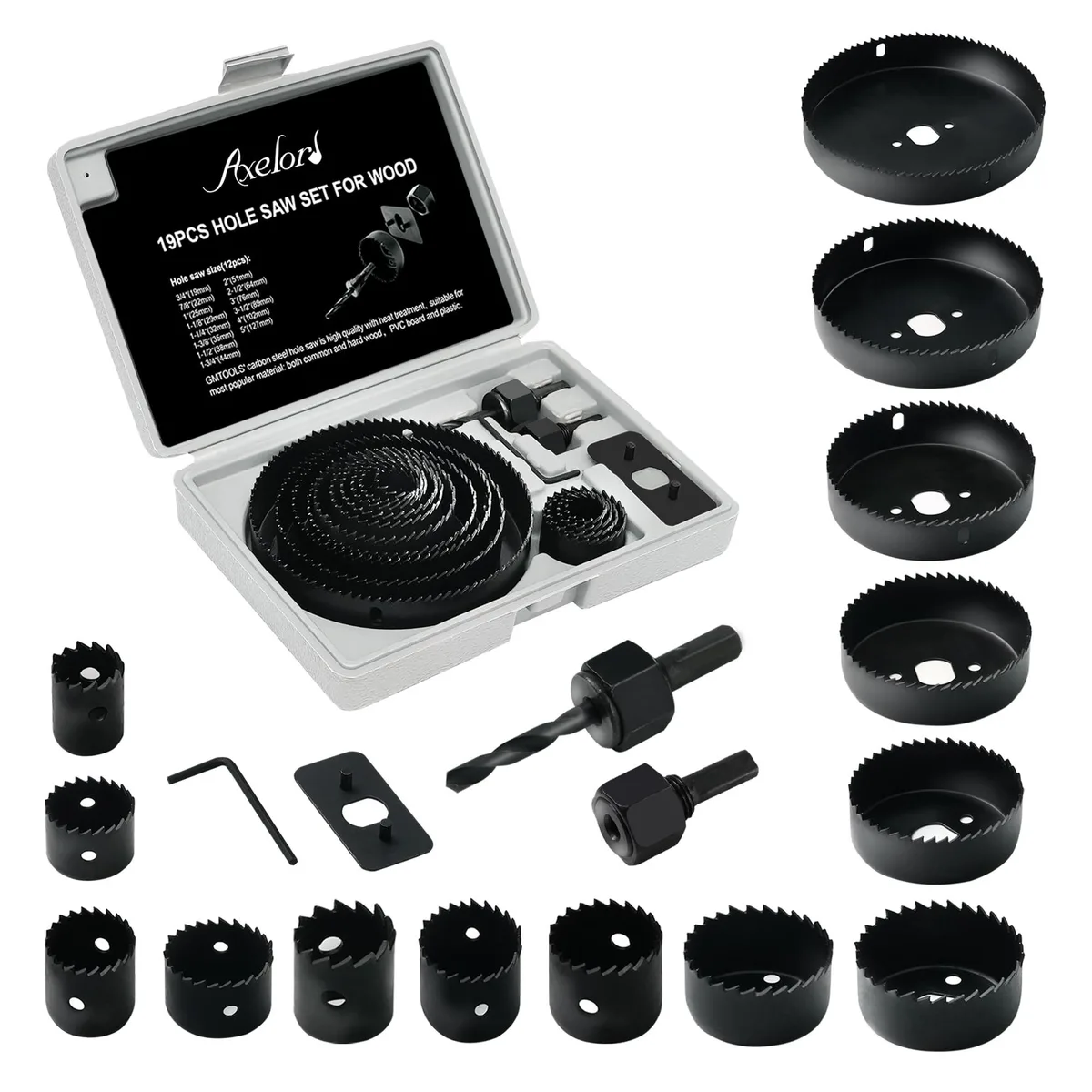 Axelord 19-piece hole saw set in black coated steel with storage case