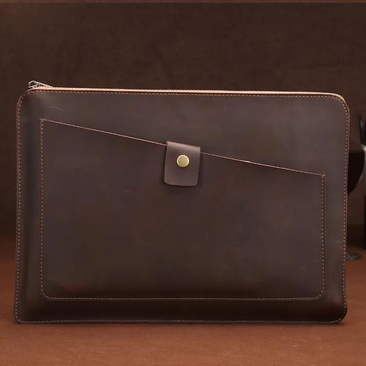 Coffee coloured genuine leather laptop bag with zip closure
