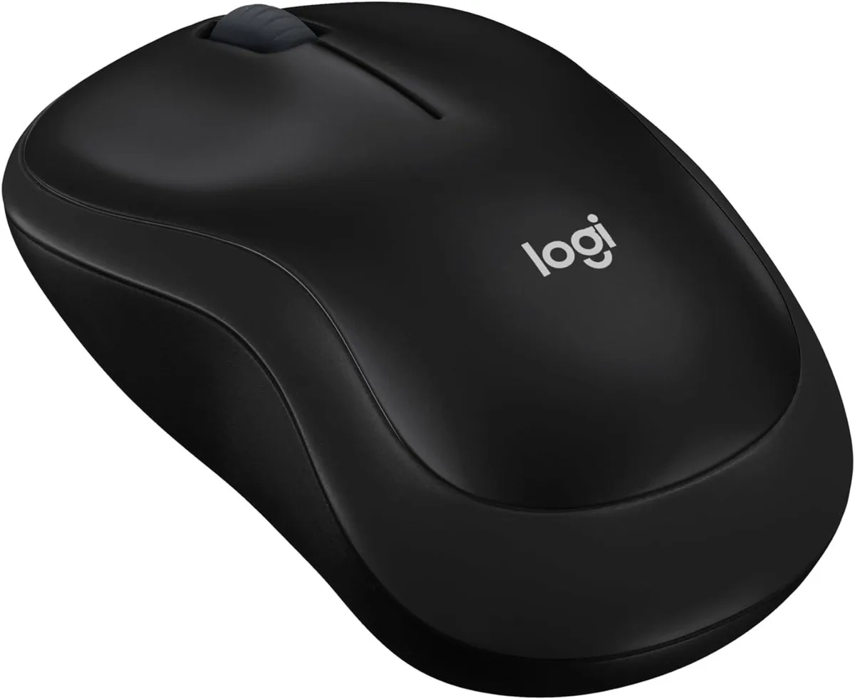 Compact black wireless mouse with contoured ambidextrous shape and tiny USB nano receiver