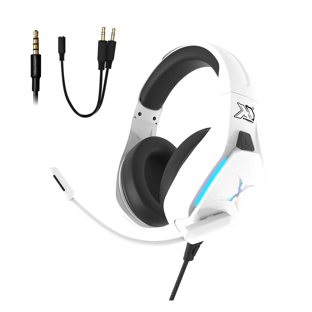 White over-ear gaming headset with mesh cushions, rotating microphone, inline controls and 3.5 mm plug