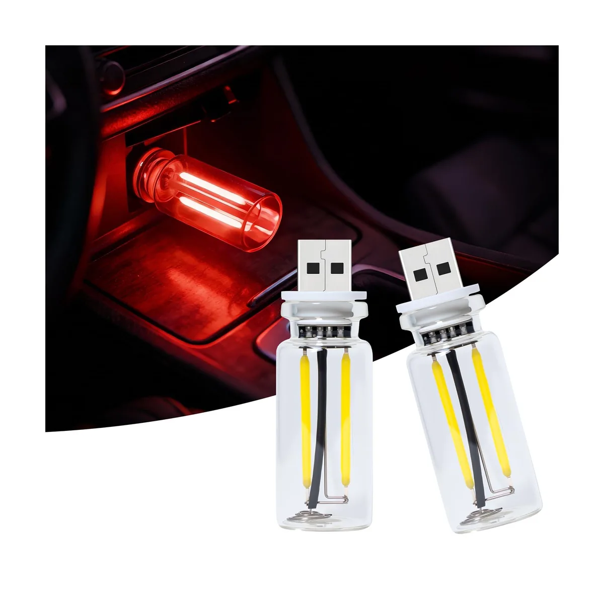 Two small red USB lights in retro glass bottles