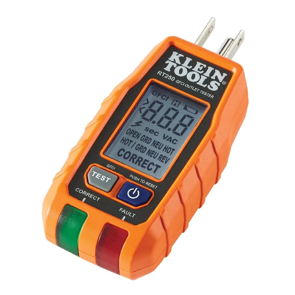 Compact rectangular outlet tester with backlit LCD screen and three-prong plug, matte grey finish