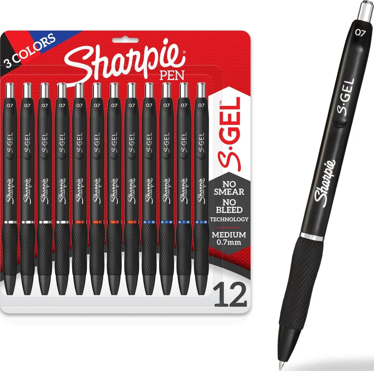 Box of 12 Sharpie S-Gel pens, black barrels with rubber grip, assorted ink colors
