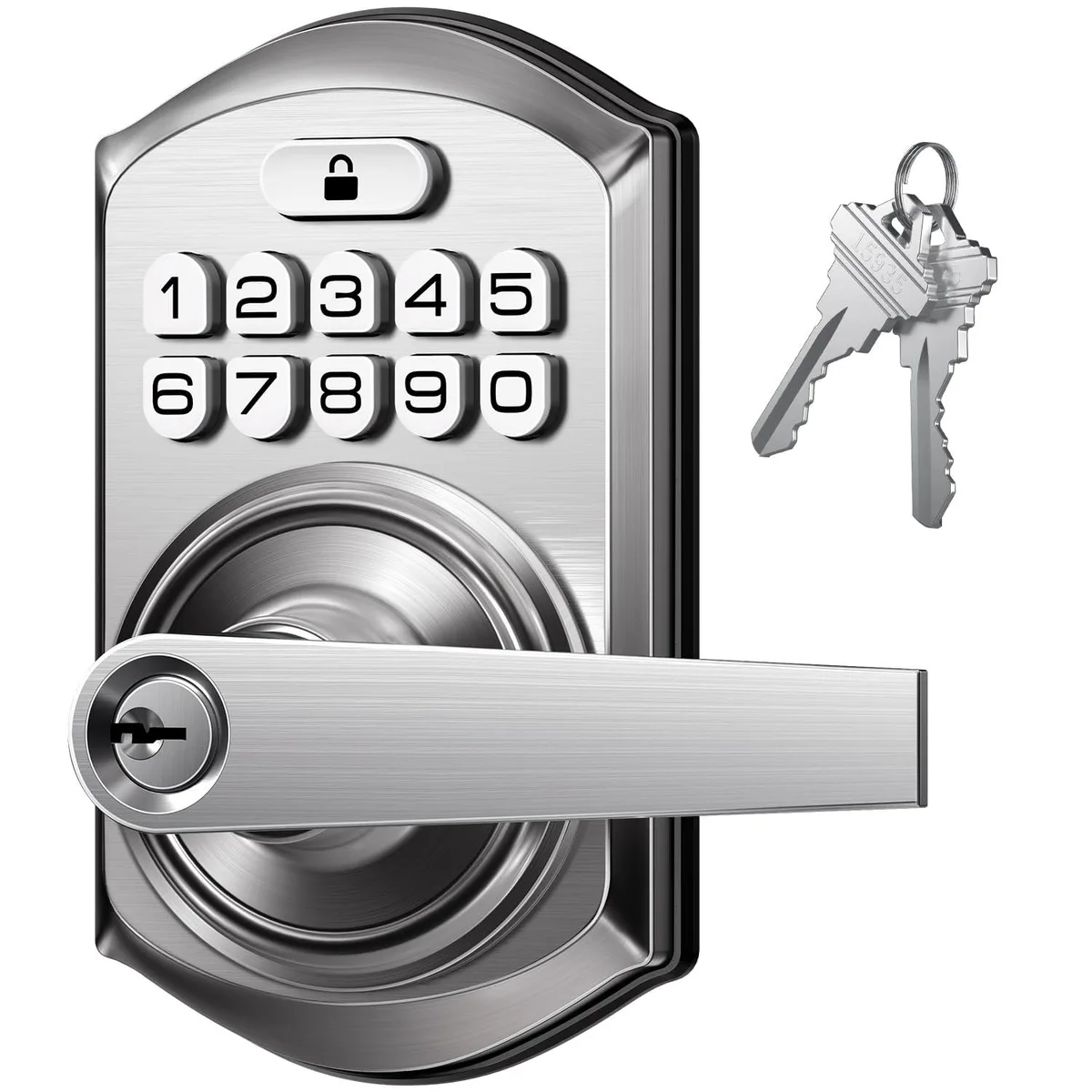 Satin nickel keyless entry door lock with handle, backlit keypad, thumb turn, zinc alloy body