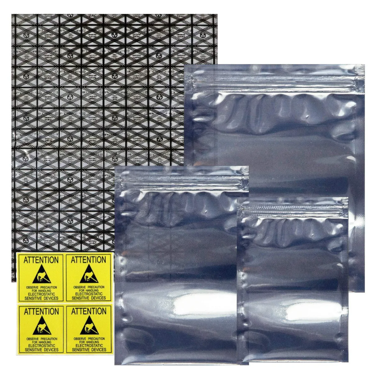 Pack of 40 semi-transparent beige PET anti-static bags in four sizes, some with ziplock seals, some open-top, plus labels
