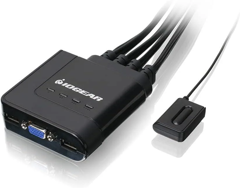 Black compact KVM switch with attached USB and VGA cables