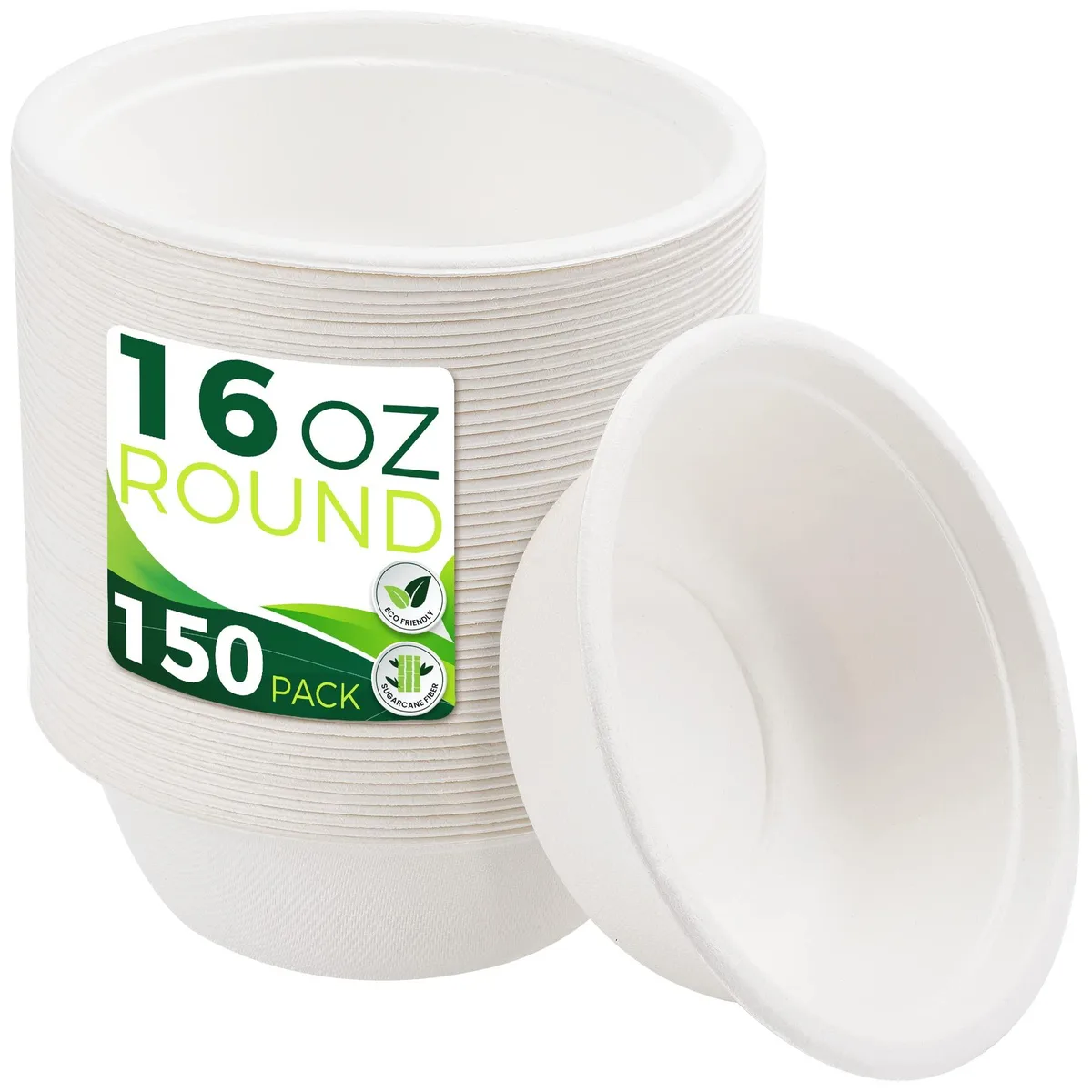 Stack of 150 round brown disposable bowls made from bagasse and bamboo
