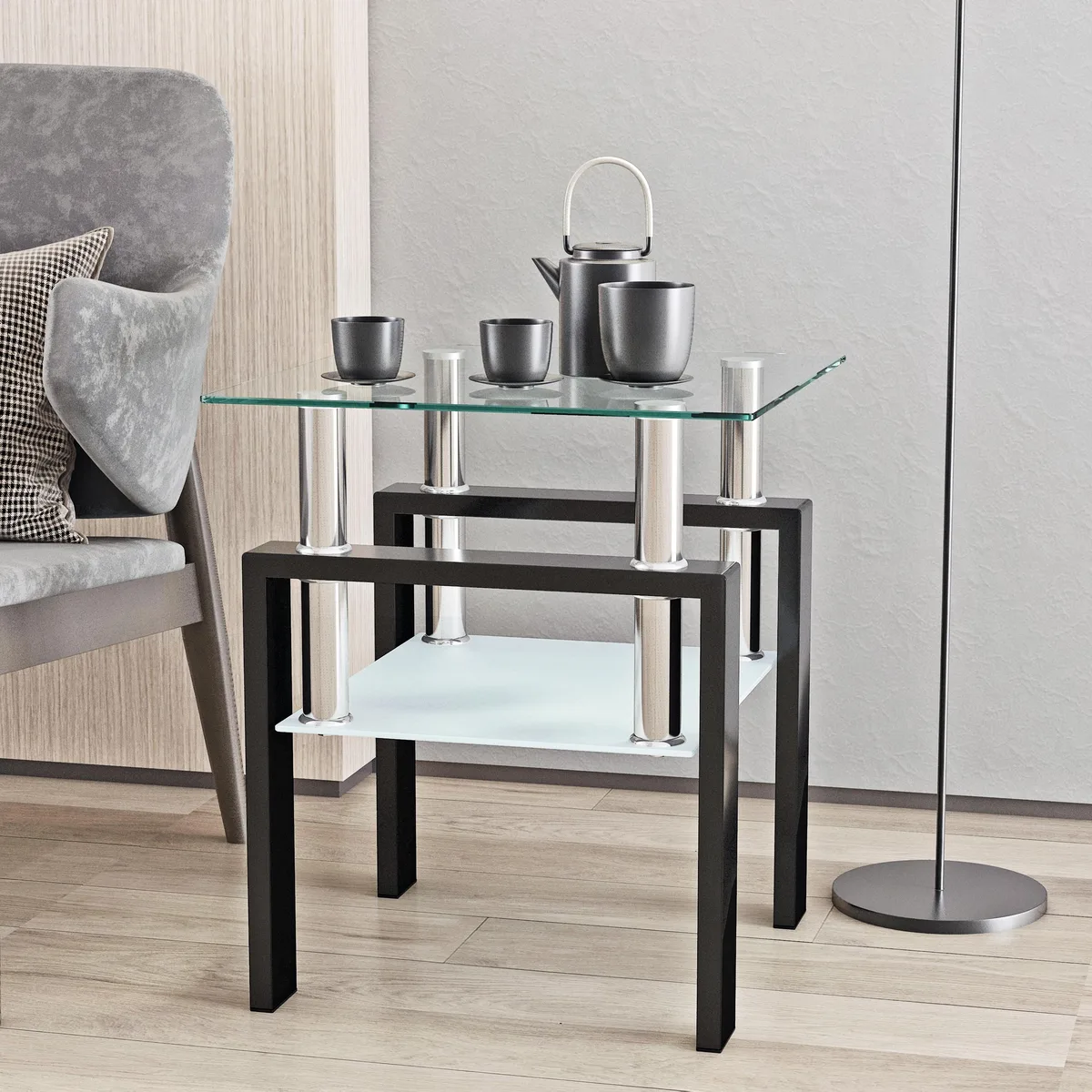 tuphen tuphen End Table Tempered Glass Transparent/Black 17.72" 20.5" 150lbs — product photo