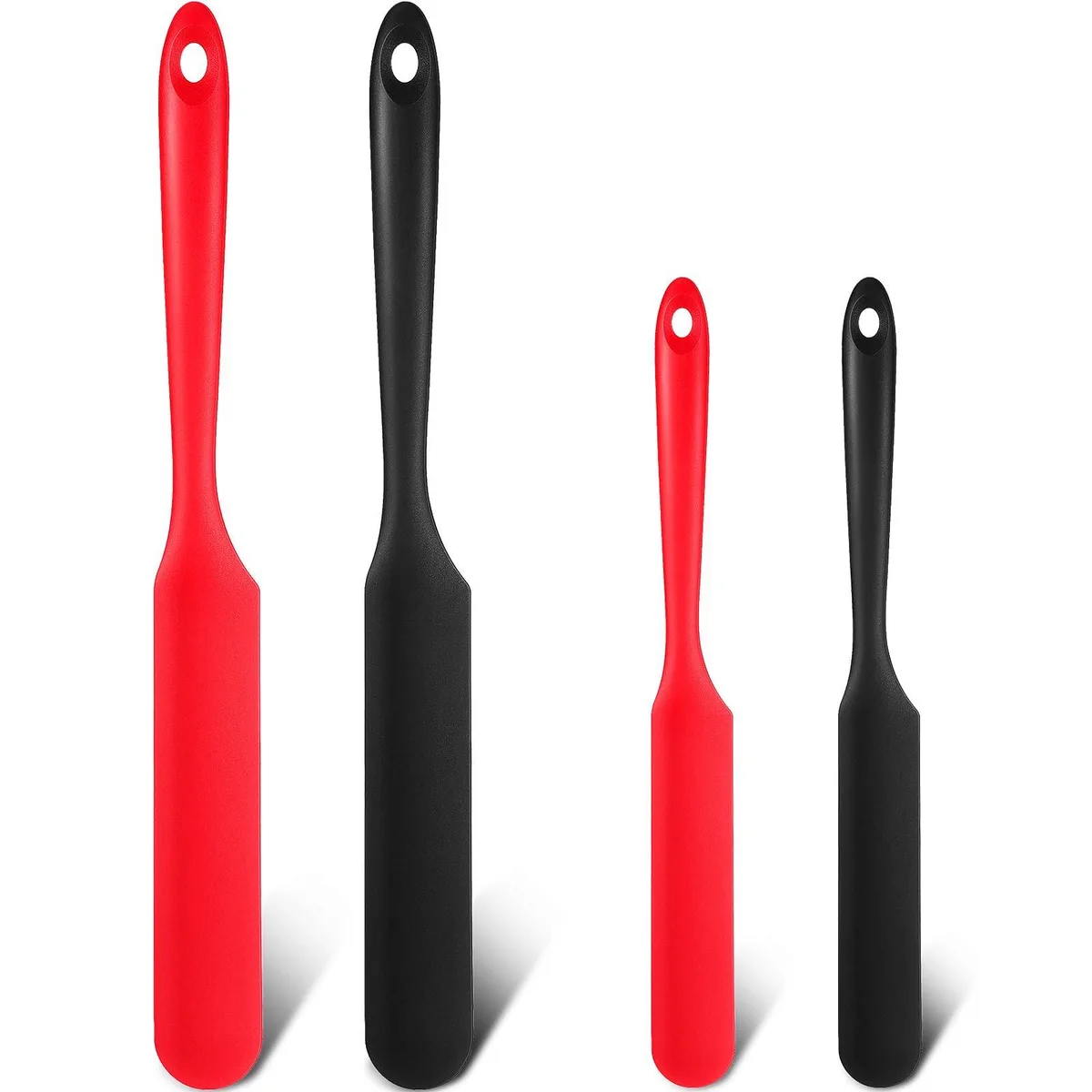 Four silicone jar spatulas in red and black, two 13 inch and two 9.4 inch, with hanging holes