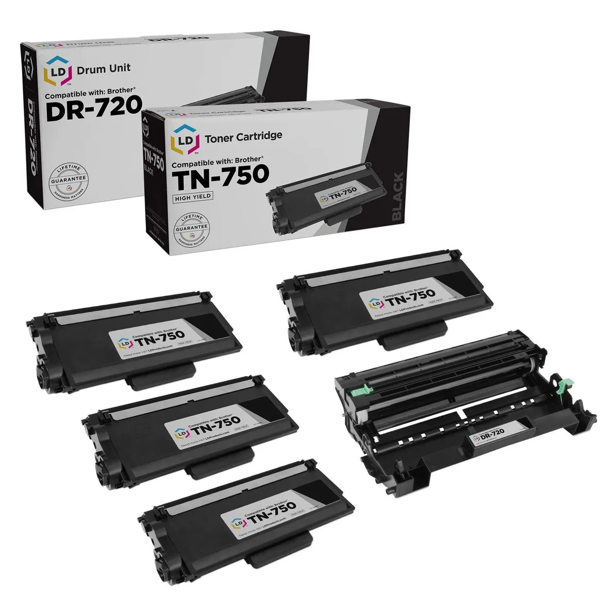 LD Products LD Products Compatible Toner Cartridge & Drum Unit for Brother TN750 High Yield DR720 4 Toners 1 Drum 5 Pack — product photo