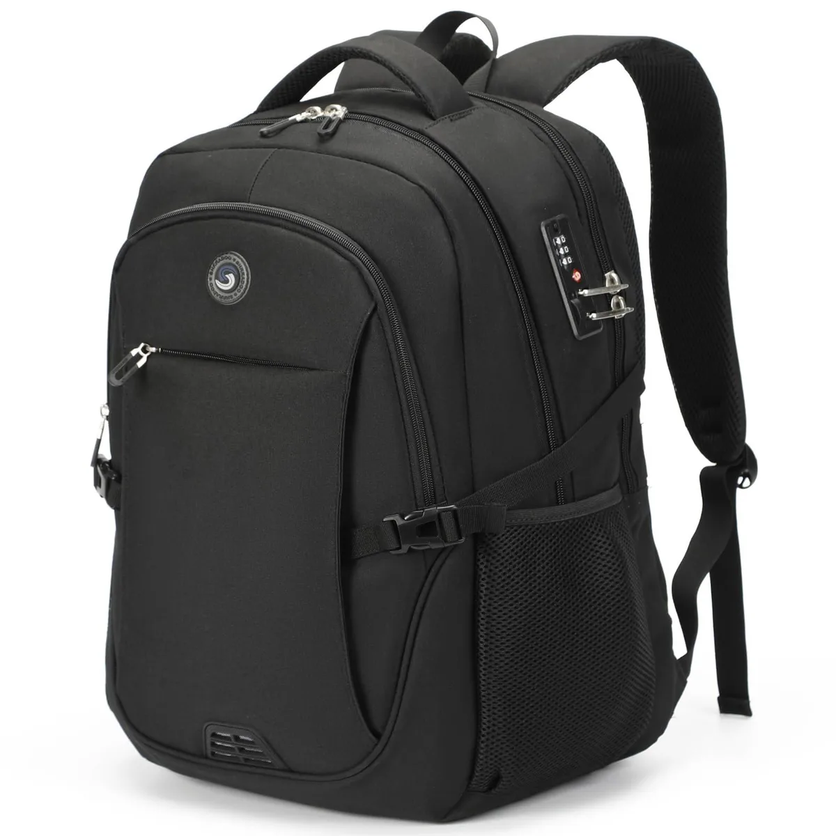 Black nylon laptop backpack with adjustable straps and multiple pockets