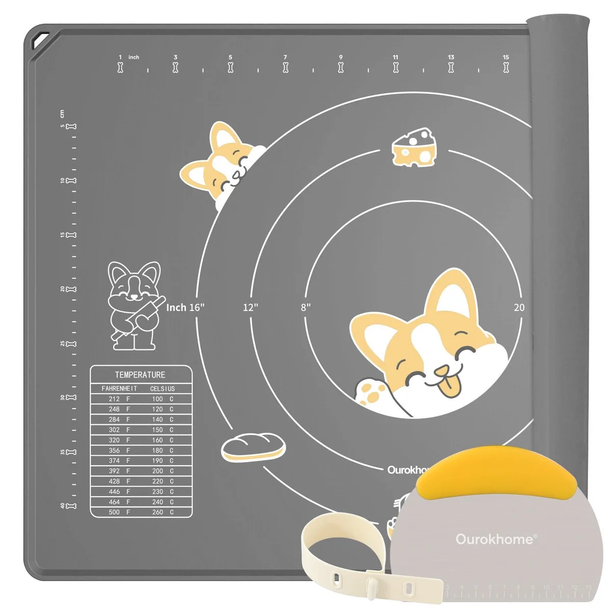 Gray rectangular silicone baking mat with raised edges and printed measurement markings, shown flat on a countertop