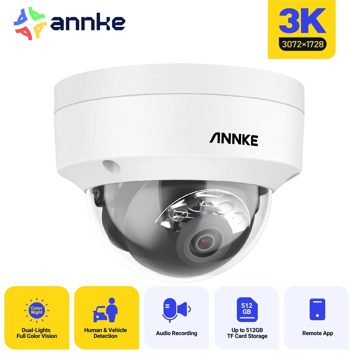Annke Annke 3K 5MP Dome PoE Camera 2.8mm Smart Dual Light IP67 surveillance security system — product photo