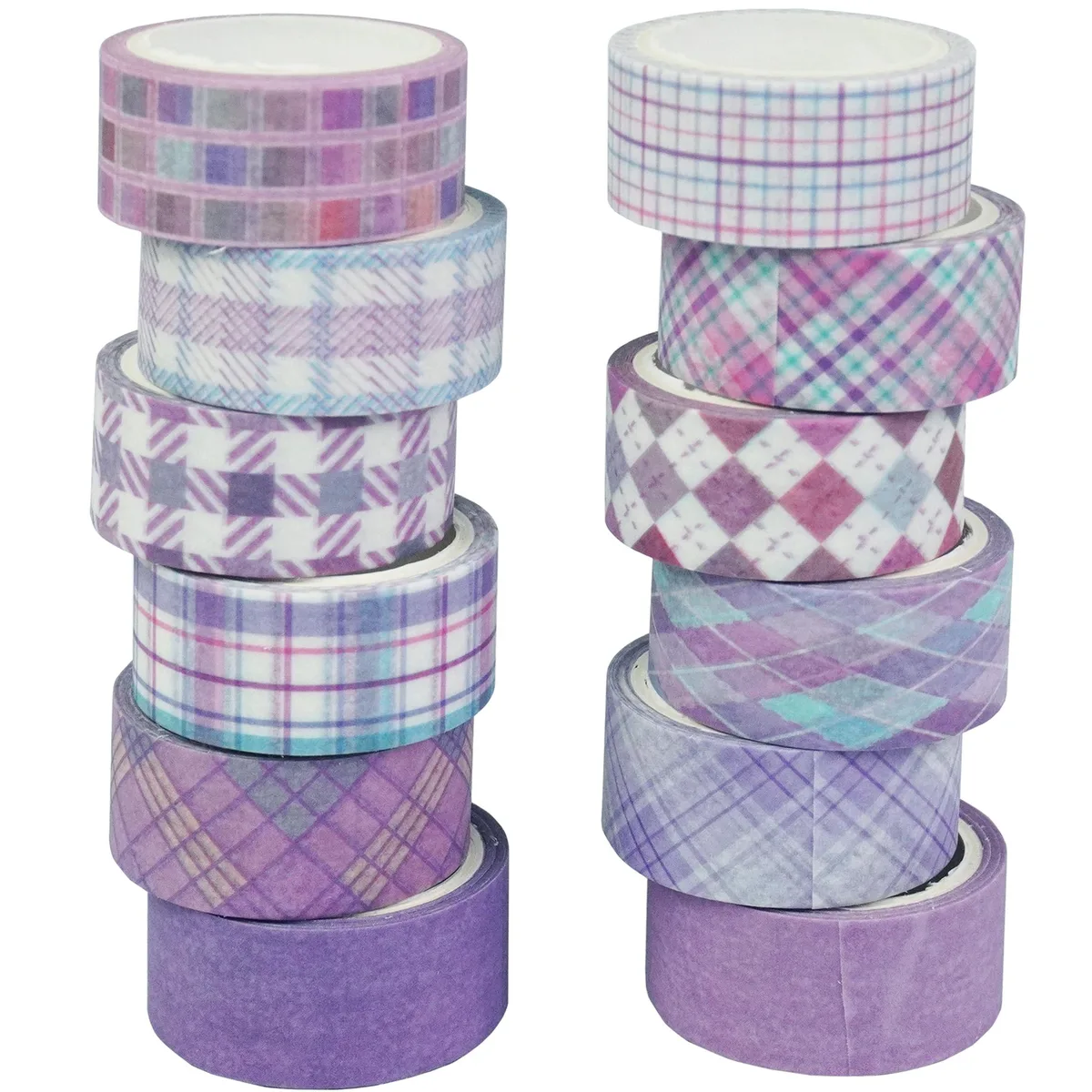YUBX YUBX Basic Grid Washi Tape Set 12 Rolls Purple Plaid 15mm 3m fastener — product photo