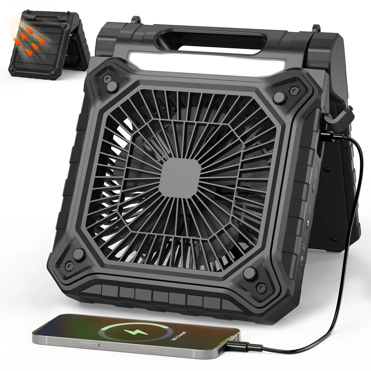 Silver portable desk fan with solar panel, 10.2 inch blade span, built-in handle and LED light