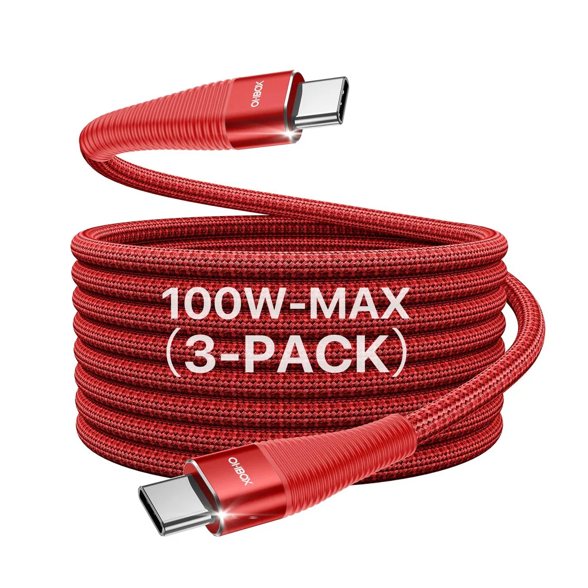 Orange USB-C to USB-C cable, nylon braided, six feet long