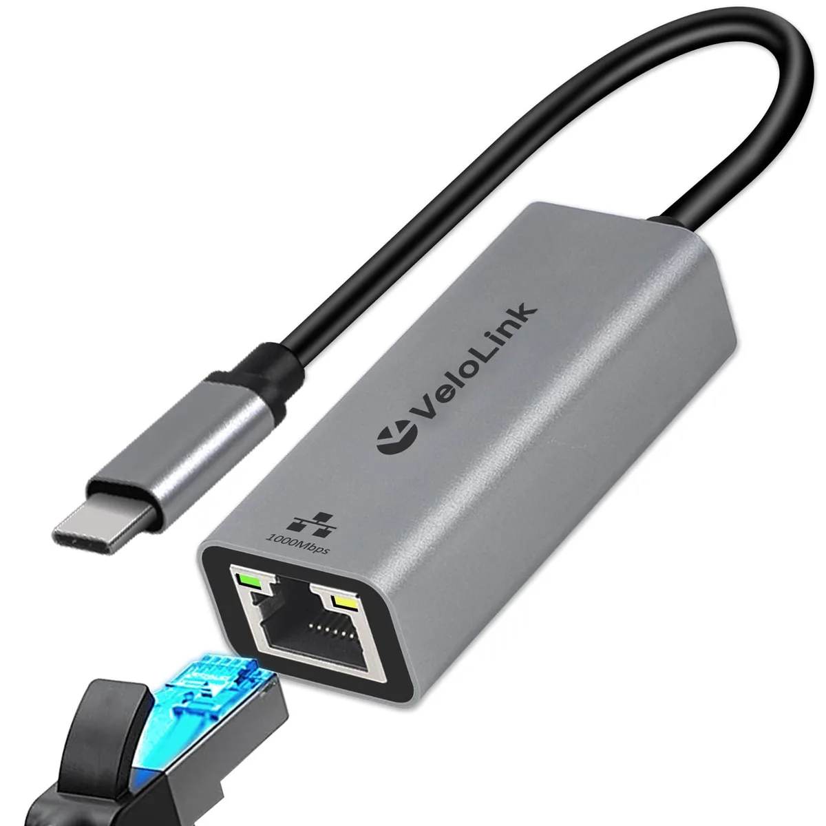 Compact black USB-C to RJ45 adapter with short cable