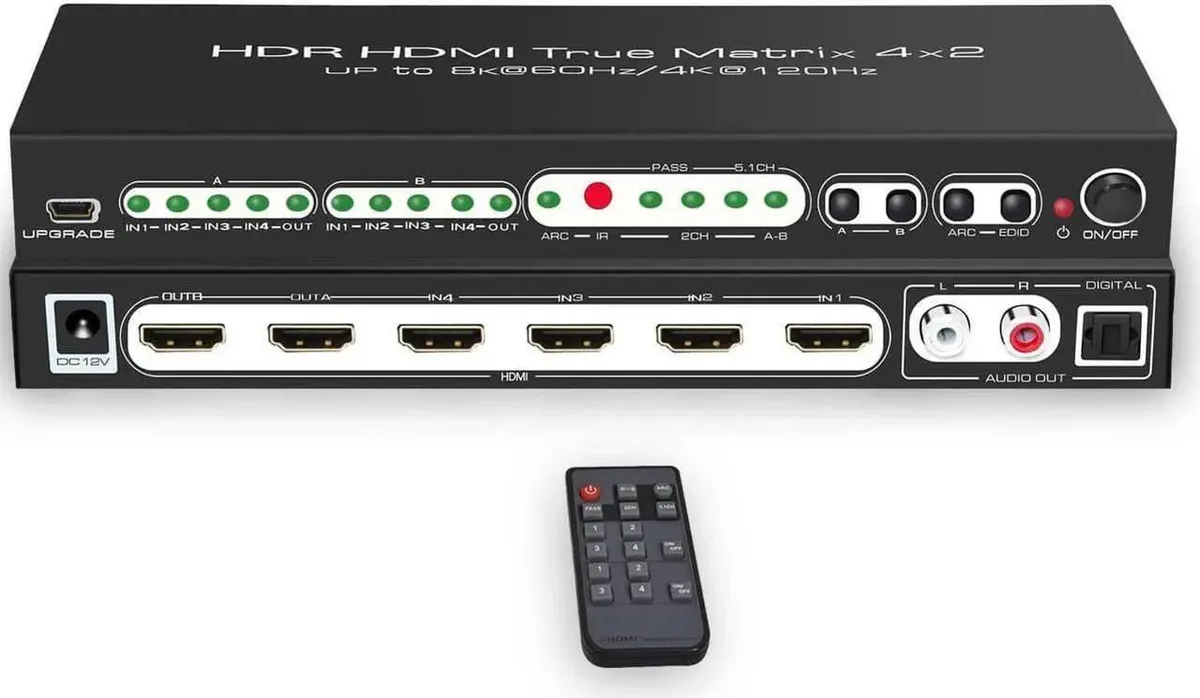 Black rectangular box with four HDMI inputs and two HDMI outputs on rear panel