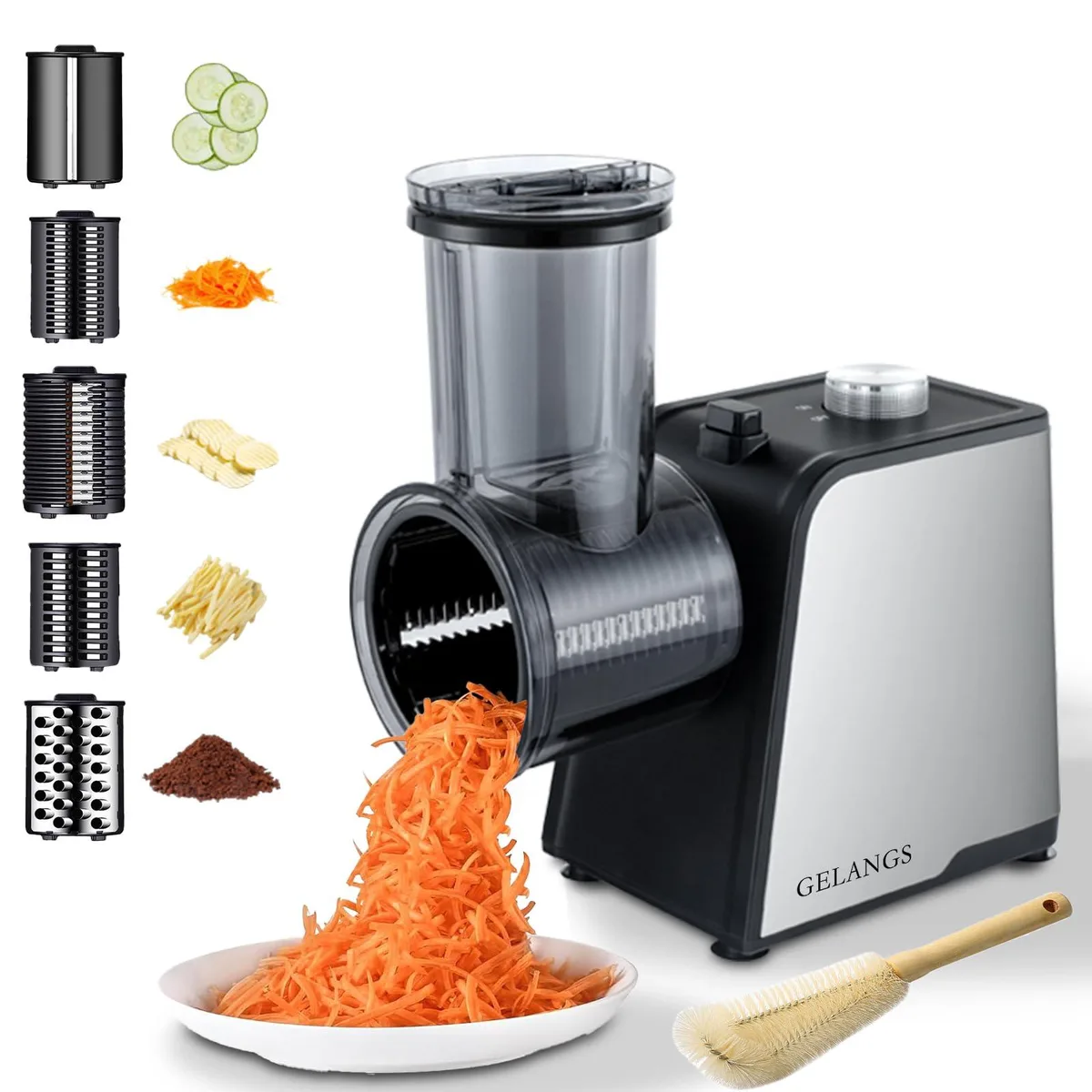 Silver electric grater with wide feed chute and blade barrel