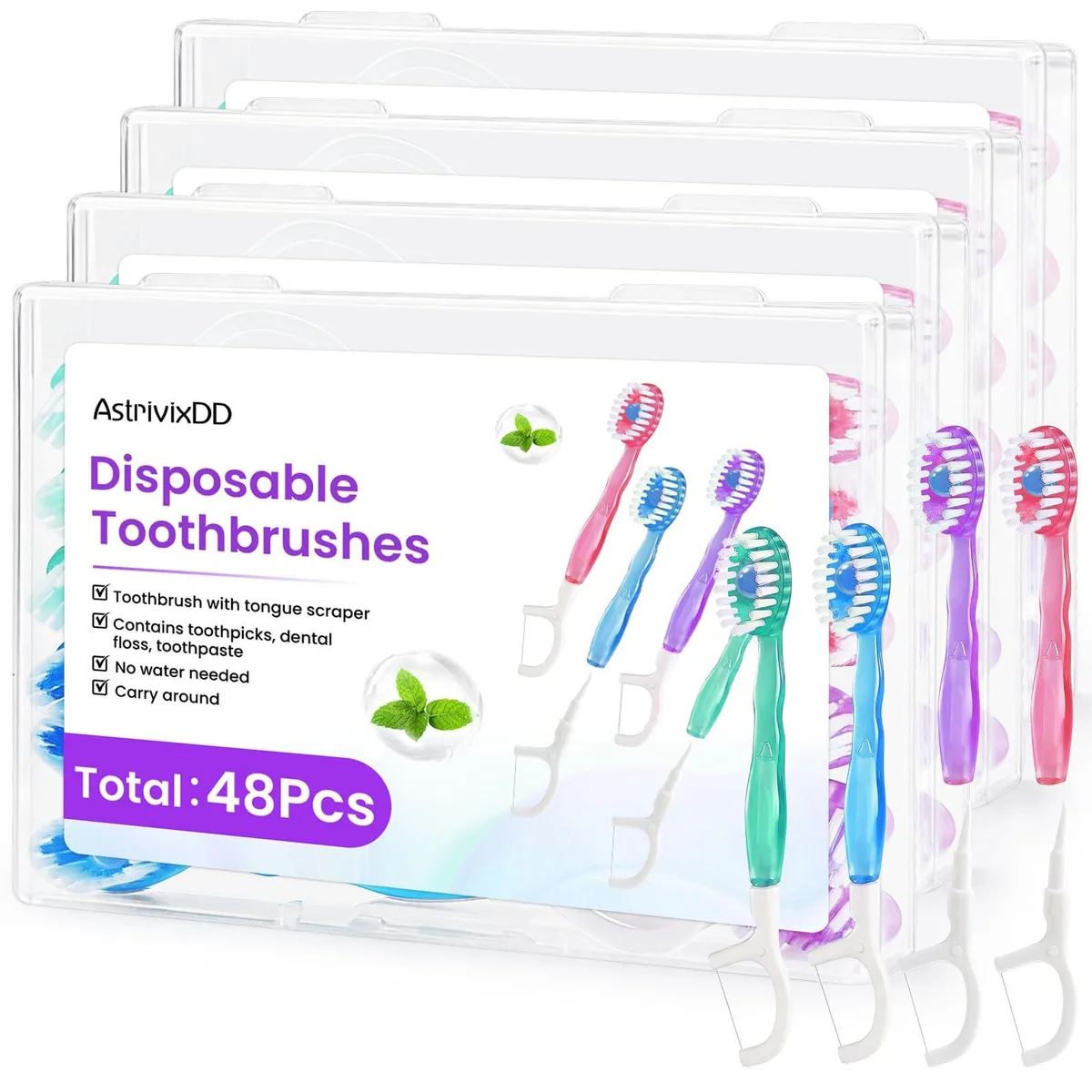 48 mini disposable toothbrushes in a pack, each with built-in toothpaste floss tongue scraper and toothpick