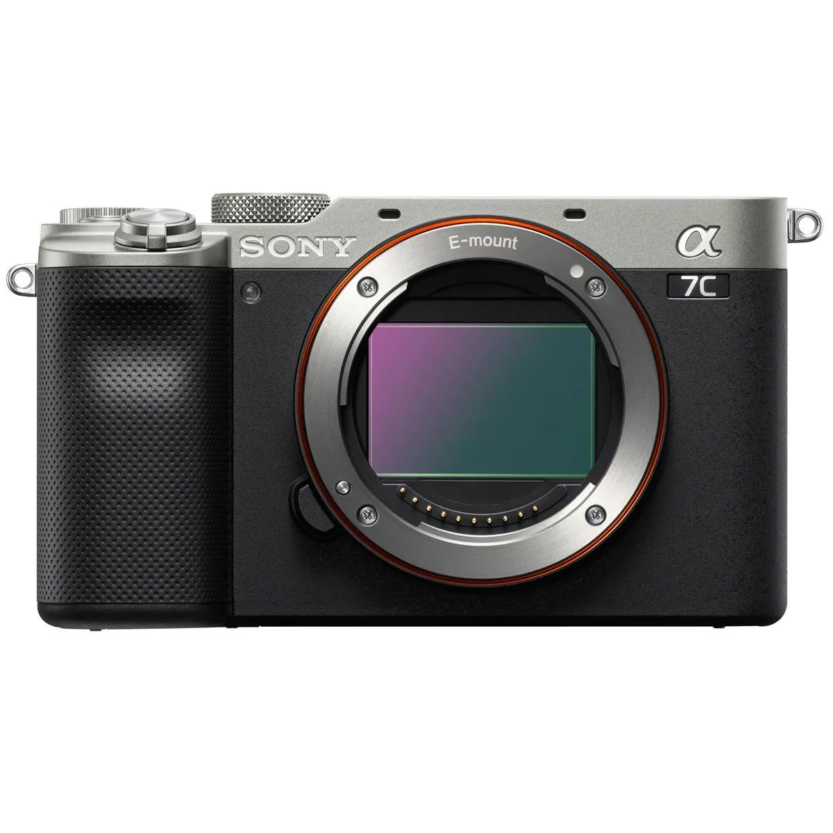 Silver compact mirrorless camera with 3-inch tiltable touchscreen and full-frame sensor