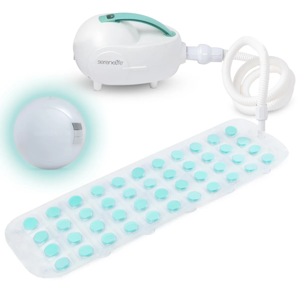 Teal rectangular bath mat with suction cups, pillow, LED remote, and pump unit