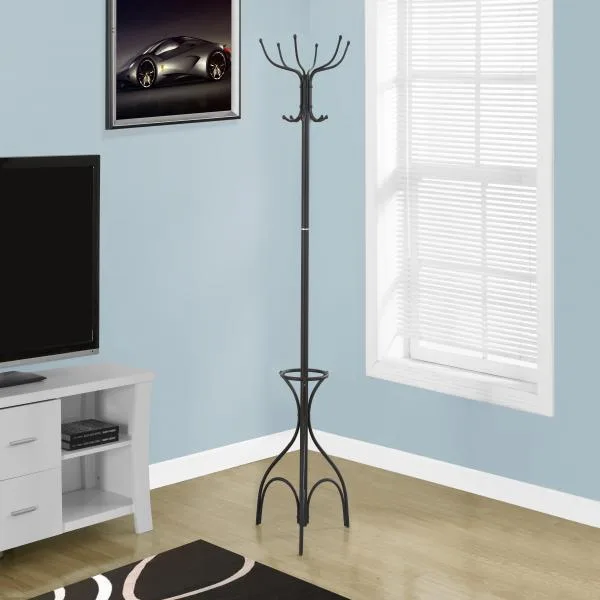 Black metal coat rack with ten hooks and built-in umbrella holder