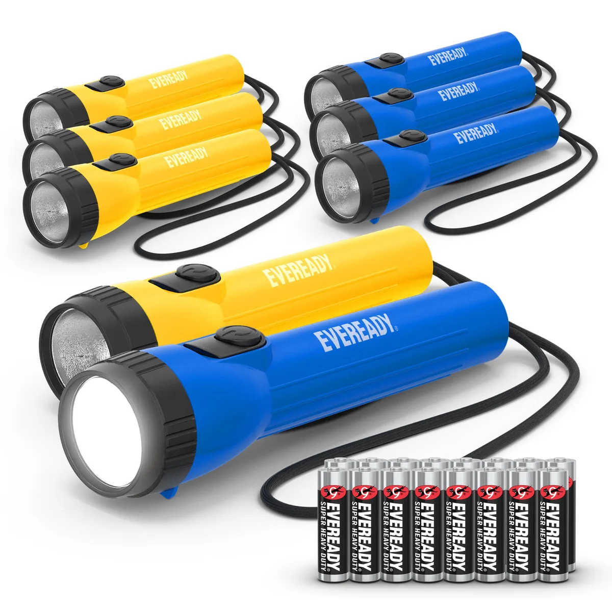 Eight small rectangular flashlights in blue and yellow with ribbed grips, shown with AA batteries