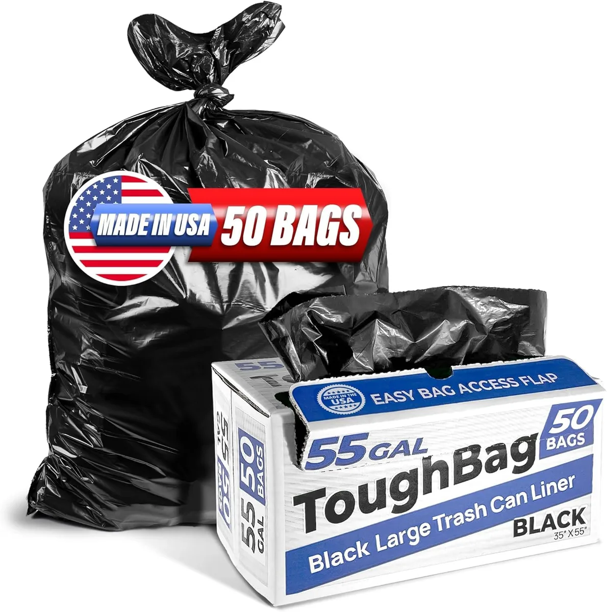 ToughBag Heavy-Duty 55 Gal Trash Bags 50 Count 1.2 mil Black GJO01535 — product photo
