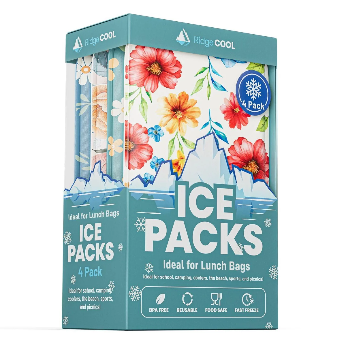 Four slim red gel ice packs with floral designs, 4.5 by 6 inches