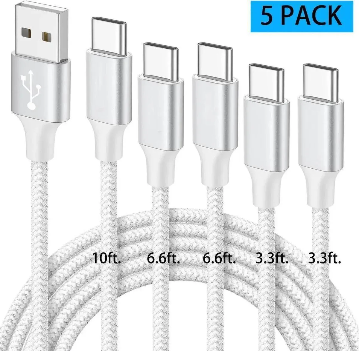 Vszerda Vszerda USB-A to USB-C Braided Cable 5-Pack 3ft 3ft 6ft 6ft 10ft White 3.0A 480Mbps — product photo