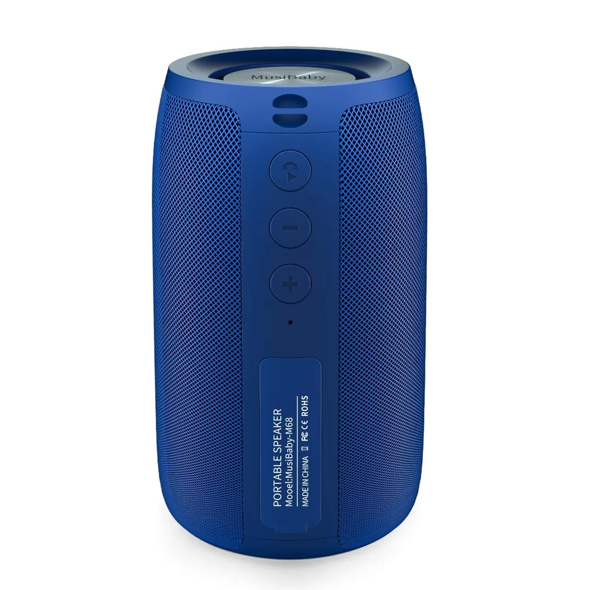 Small blue cylindrical Bluetooth speaker with carry lanyard