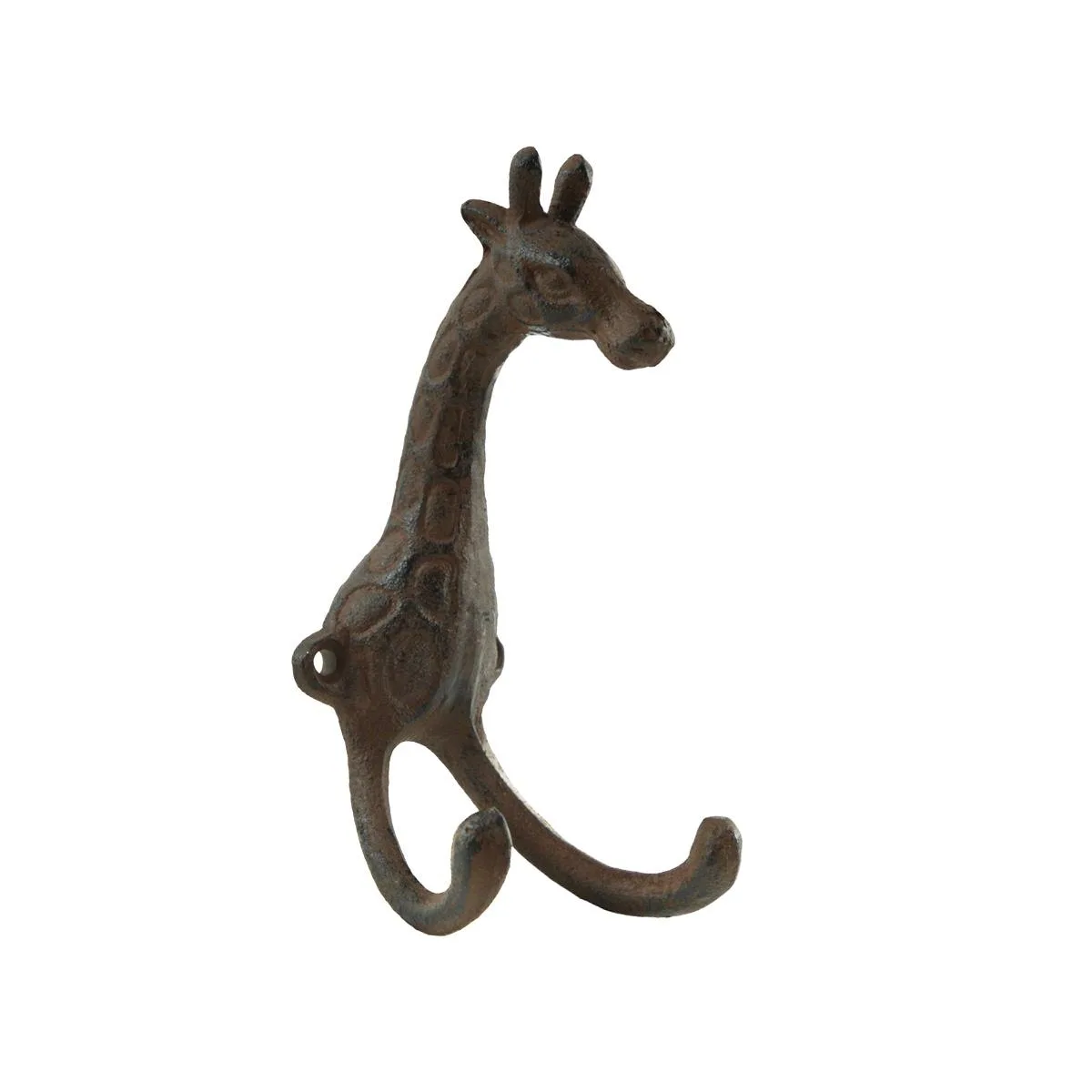 Four cast-iron giraffe-head wall hooks with embossed details